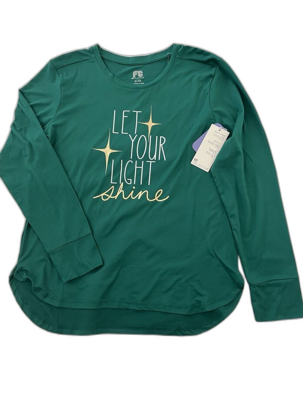 Fit Collective Women’s Blouse XL Green "Let Your Light Shine" Print Long Sleeve